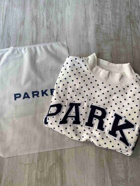 Parke Off-White Navy Polka Dot Mock Neck Embroidered Letter Sweatshirt